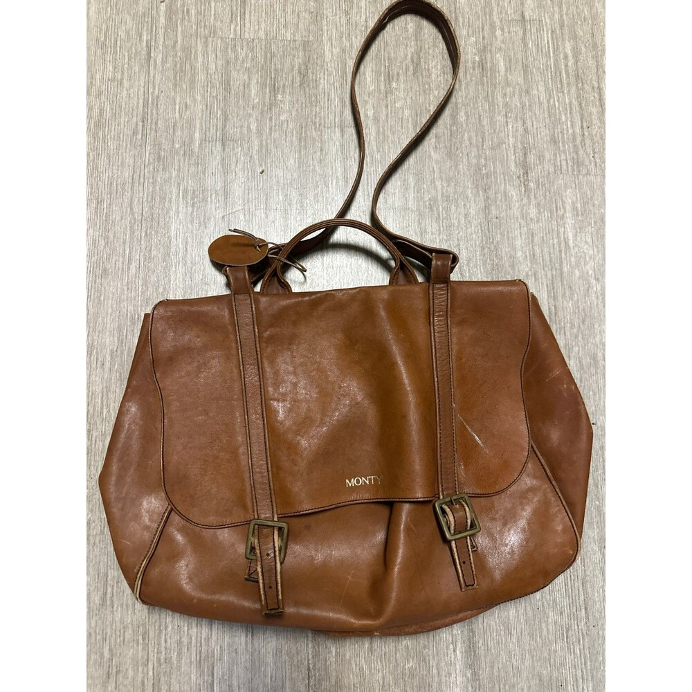 VTG MONTY Tan Brown Leather Messenger Shoulder Bag Double Sided Compartment Flap